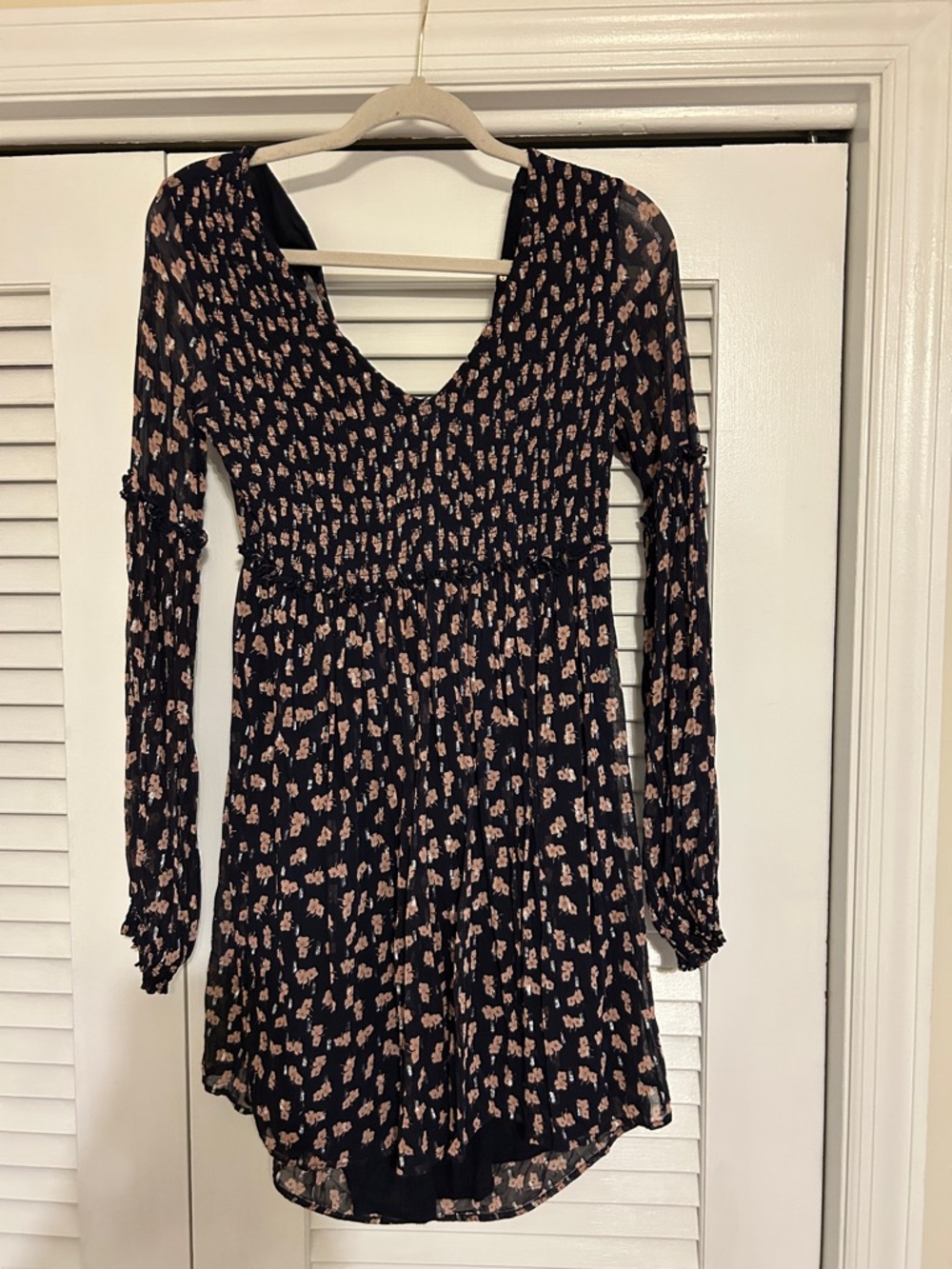 Free People black, tan and silver Long Sleeve Floral Smocked-Waist Dress -